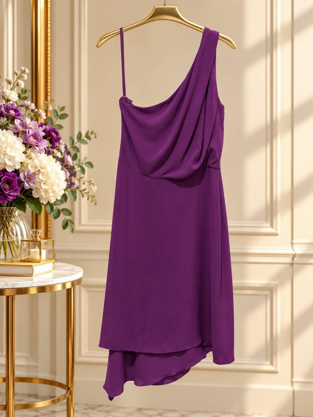 BCBGMAXAZRIA Purple One Shoulder Draped Cocktail Dress Size 6 Worn Once